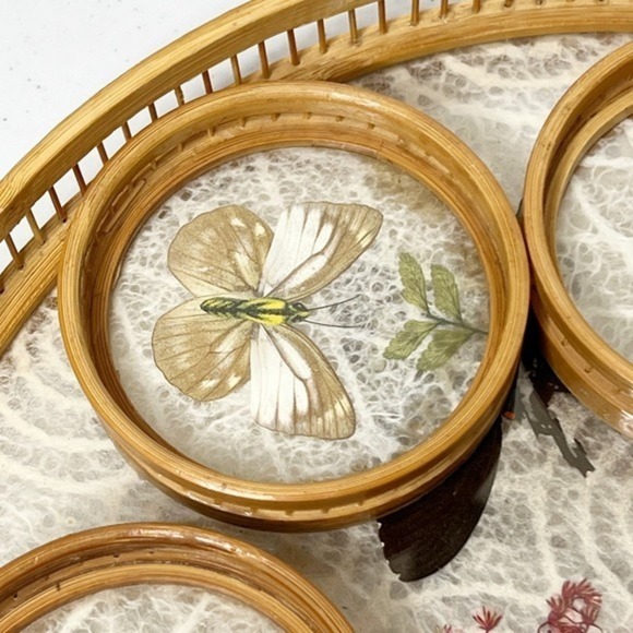 Vintage MCM Pressed Butterfly Bamboo Tray &‎ Coaster Set 6 Pieces - Picture 6 of 13